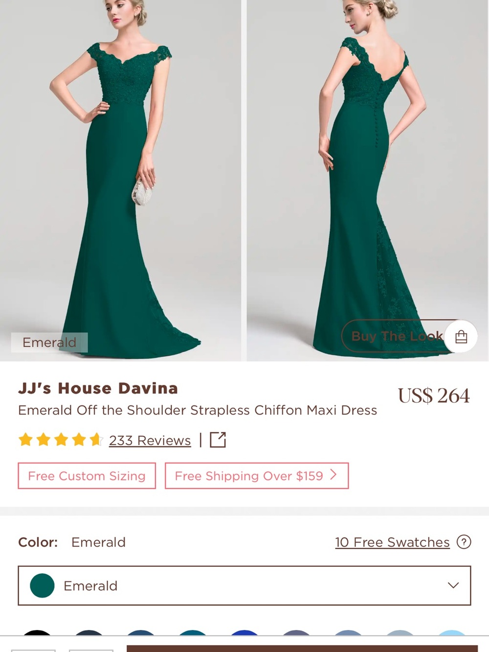 JJs House Emerald Off-the-Shoulder Lace Bodice Chiffon Gown
